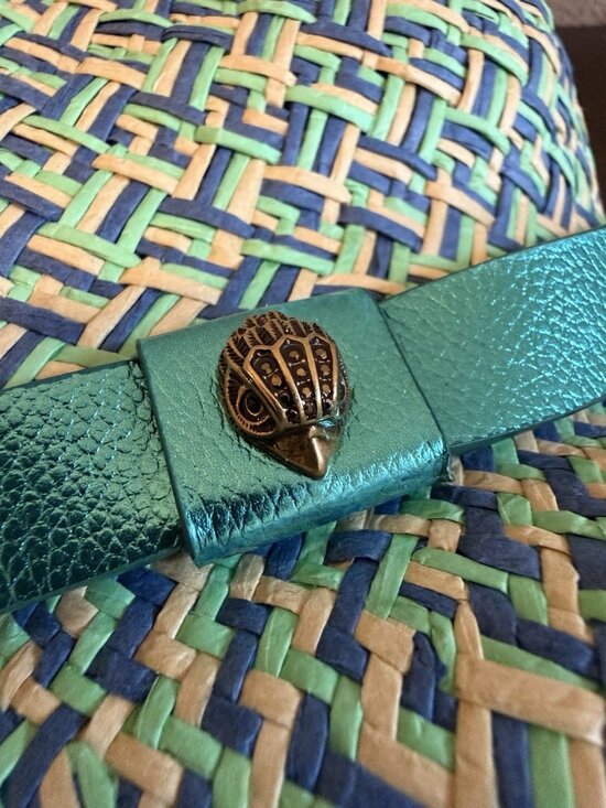 Kurt Geiger London Woven Straw Sun Hat Blue Green Fray Trim Eagle NWT main image 9